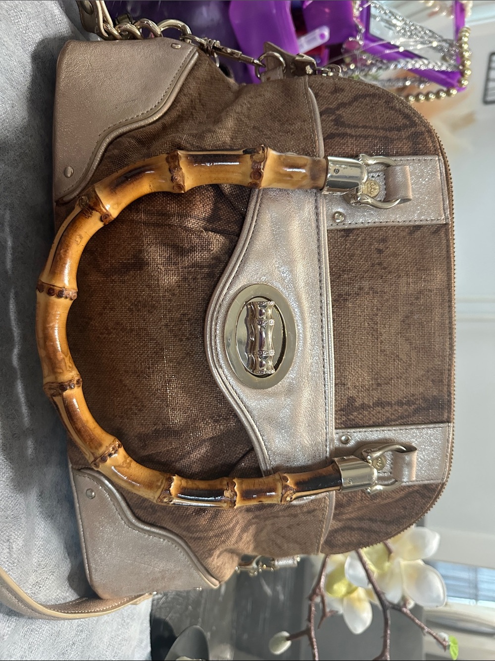 Elaine Turner Brown & Metallic Bamboo-Handle Shoulder Bag